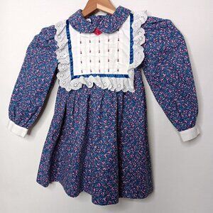 Vintage Polly Flanders Girls T4 Dress Blue Floral Long Sleeve Lace Cottagecore